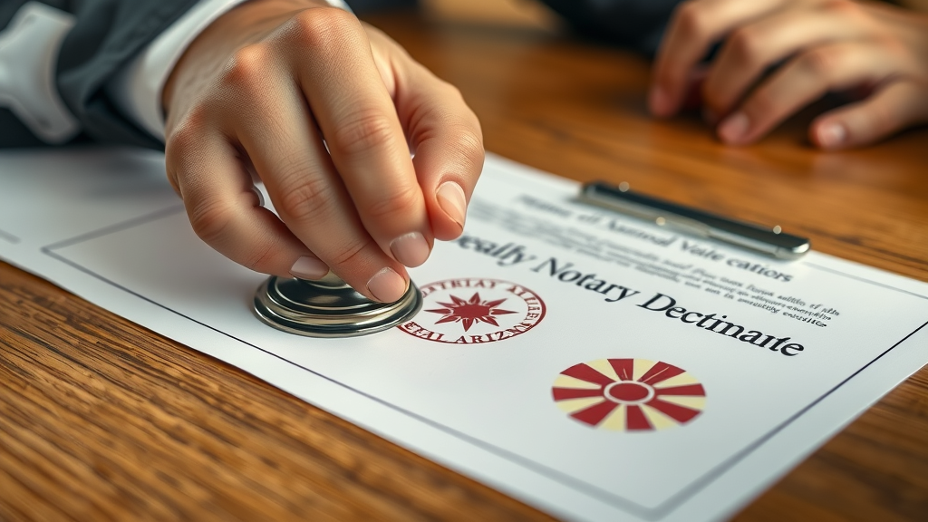 Close-up of hands stamping official notary public seal on a legal document in Arizona for estate planning