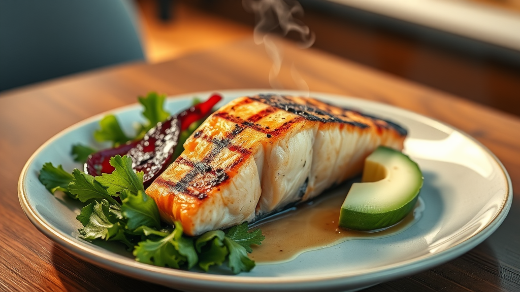 delicious grilled salmon filet with leafy greens and avocado, heart health, diabetes superfoods