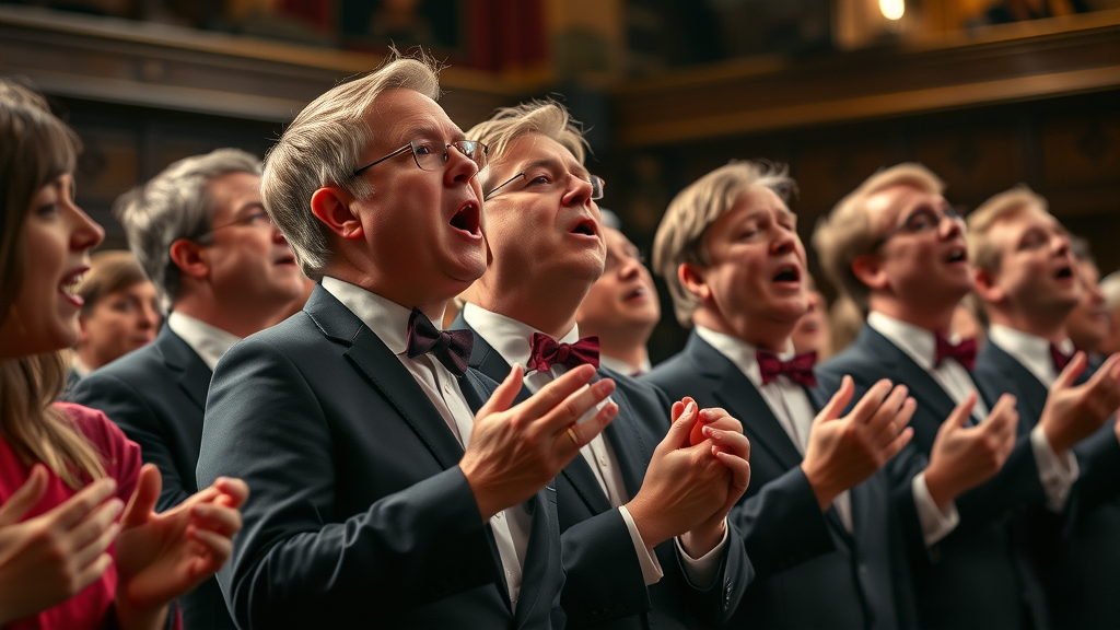 Monmouthshire male voice choir performing, local tradition, Welsh and English culture