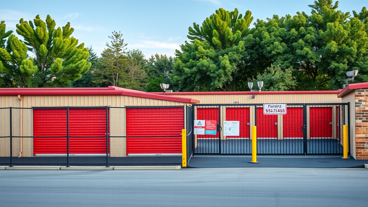 Modern Muskegon self storage units facility with secure fencing and vibrant unit doors