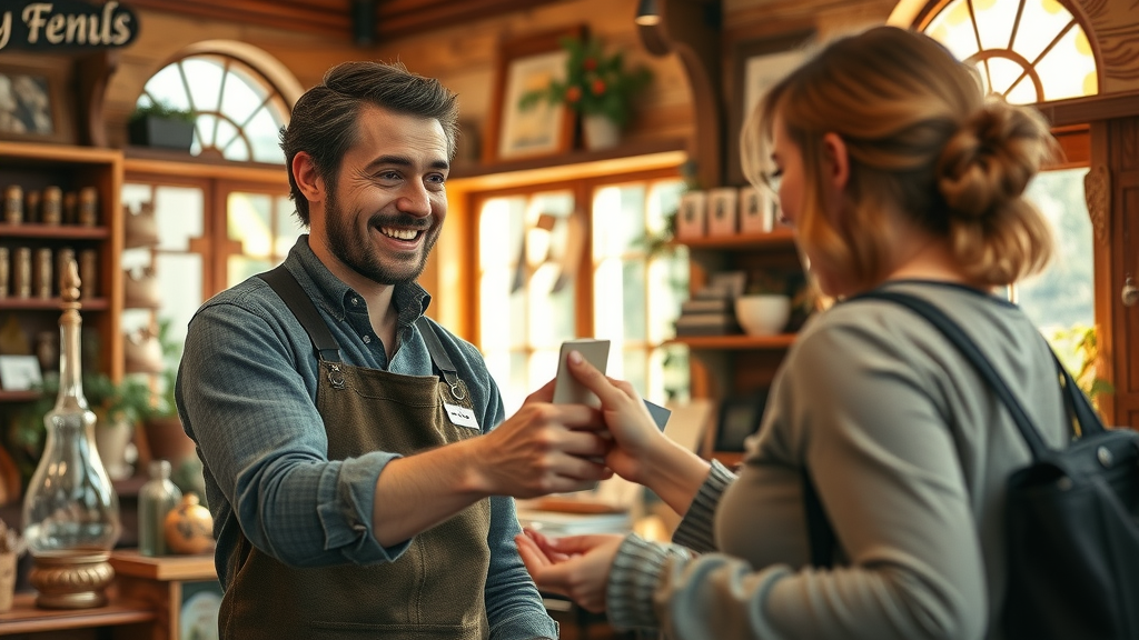 empathic shopkeeper friendly smile handing purchase to excited customer unique local store environment mortar store advantage over online retailers