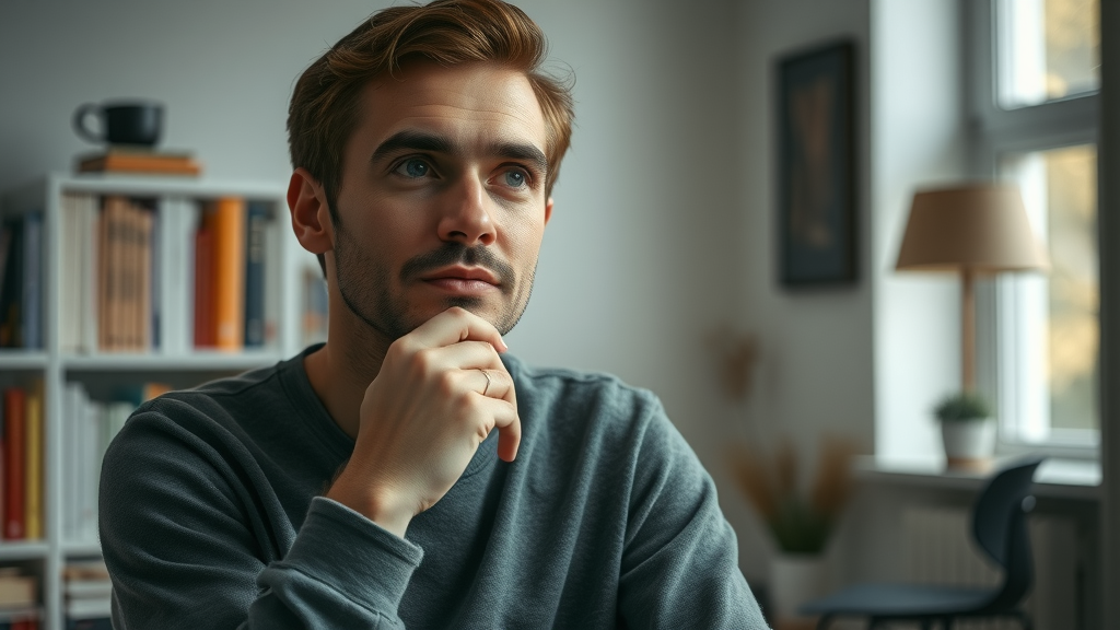 person reflecting on the meaning and aspects of lifestyle in a modern study room