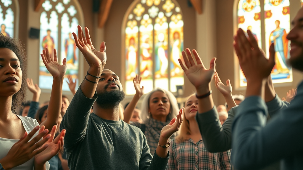 experiencing pentecost today diverse congregation uplifting unified prayer sunlight streaming stained glass modern church
