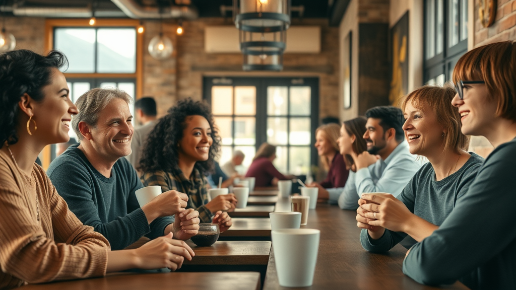 Warm coffee shop interior, happy diverse group of people, smiling and engaging in lively conversation, Photorealistic High Fidelity Lifelike, ambient rustic cafe background with natural light filtering through windows, highly detailed, cups steaming, wooden tables, earth tones, soft morning lighting, shot with a 50mm lens.