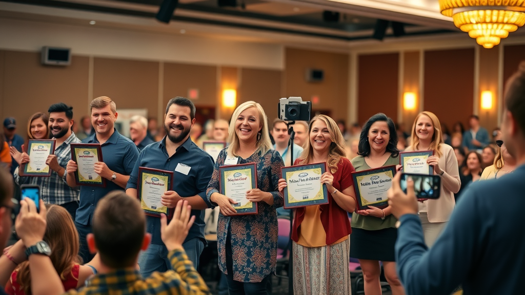 mesa chamber local business spotlights, joyful business owners on stage, award ceremony, community event hall, vibrant colors
