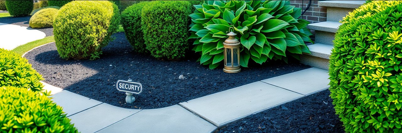 Well-maintained garden by sidewalk, vibrant greenery and security sign - local painting contractors