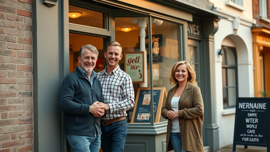 successful small business storefront, proud owners smiling at entrance, welcoming gesture, photorealistic Monmouthshire street, community details, monmouthshire marketing, highly detailed, golden hour lighting, shot with a Nikon 85mm lens