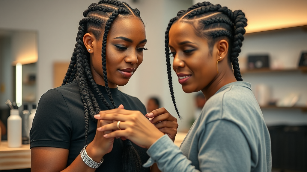 Professional braider in Olongapo creating intricate box braids, chic salon environment, clear focus on stylist and client