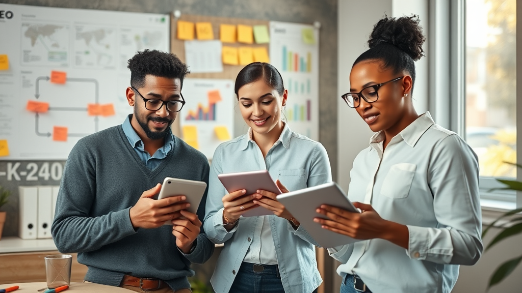 strategic planning session for business seo, team collaborating with SEO diagrams and flowcharts, SEO strategy for small businesses