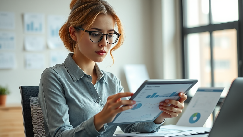 female entrepreneur researching target market for small business branding on digital tablet