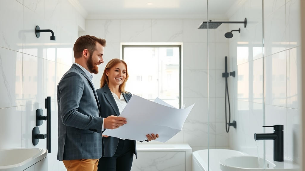 Modern bathroom renovations Newcastle with happy couple and designer consulting.