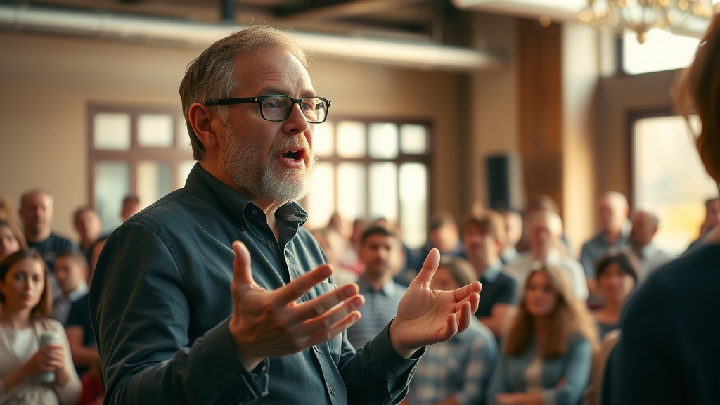 passionate nonprofit storyteller presenting an emotional story to supporters during a digital marketing campaign event