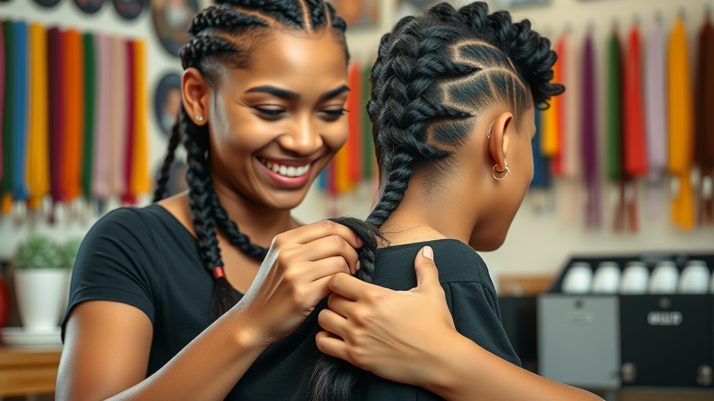 Vibrant hair braiding salon scene in Olongapo, stylist braiding a client’s hair, colorful beads, cozy environment