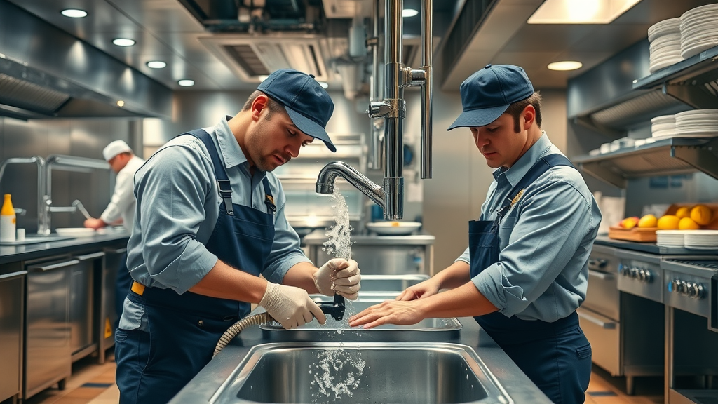 Plumbers swiftly fixing emergency leak in commercial kitchen