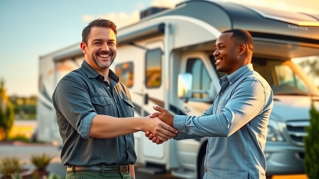 Smiling RV seller shaking hands with buyer after successful retail-to-retail RV sales transaction