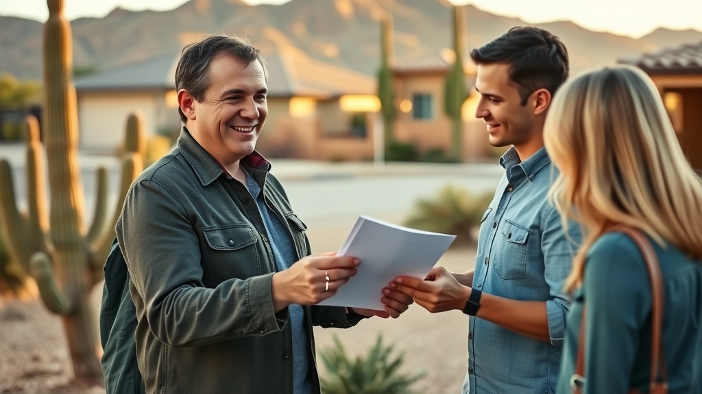 Mobile roving notary Arizona handing estate planning documents to couple outside home