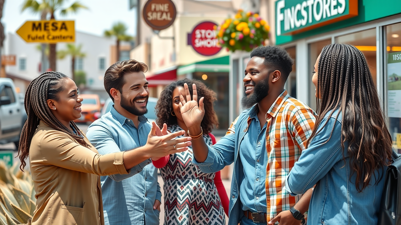Mesa Arizona business directory - diverse business owners, successful growth, happy customers, photorealistic commercial district