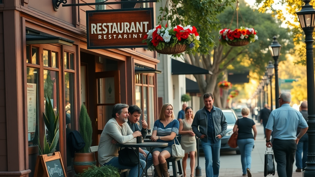 Locals enjoying authentic places to eat in Sisters Oregon - inviting small-town restaurant exterior, patrons chatting on a tree-lined street