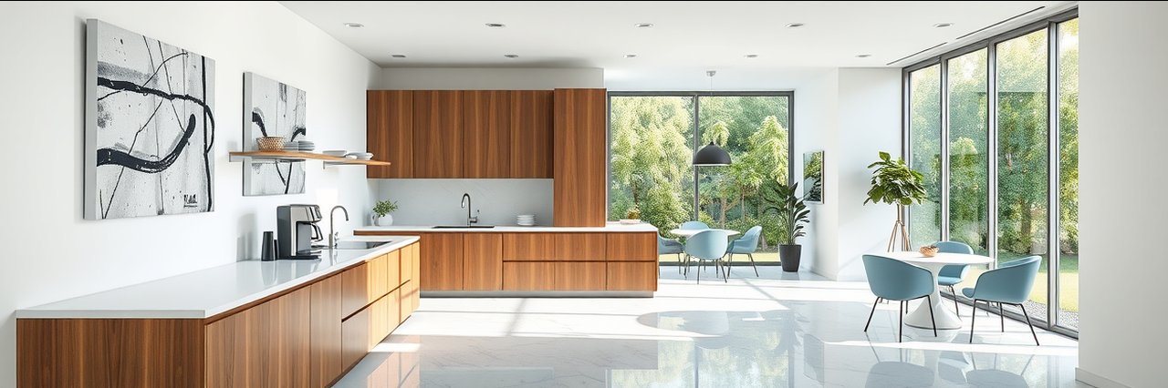 Modern residential house painting enhances a bright kitchen with wooden cabinets.