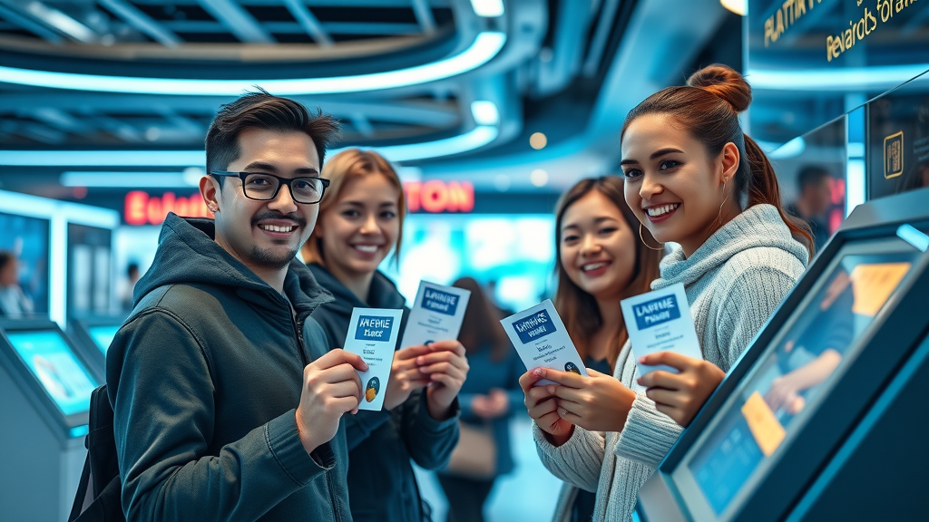 Happy customers receive loyalty rewards in a futuristic retail setting with digital screens, blue hues, dynamic interaction