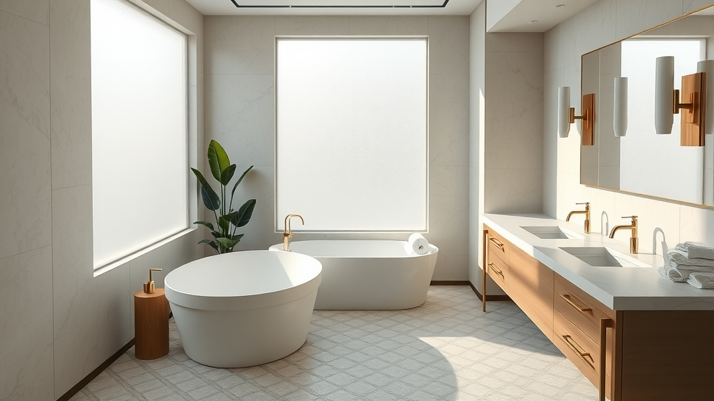Luxury bath featuring elegant floors, tub, and serene spa design.