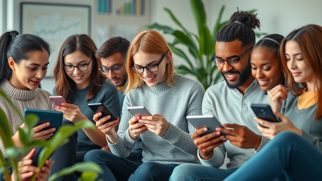 Diverse consumers reading customer reviews and reputation on digital devices in a modern office with social proof symbols