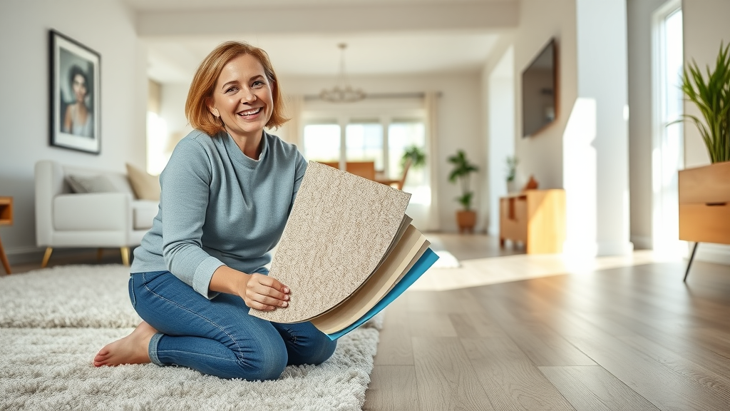 Homeowner comparing carpet, hardwood, and vinyl flooring in living room