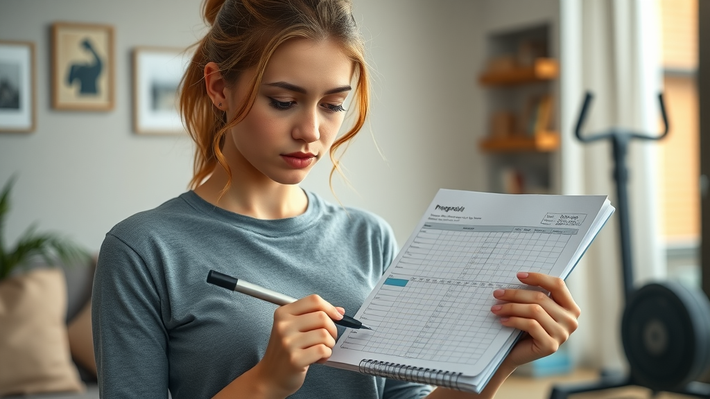 winnipeg beginner workout tips for women - young woman filling out fitness progress chart in Winnipeg apartment