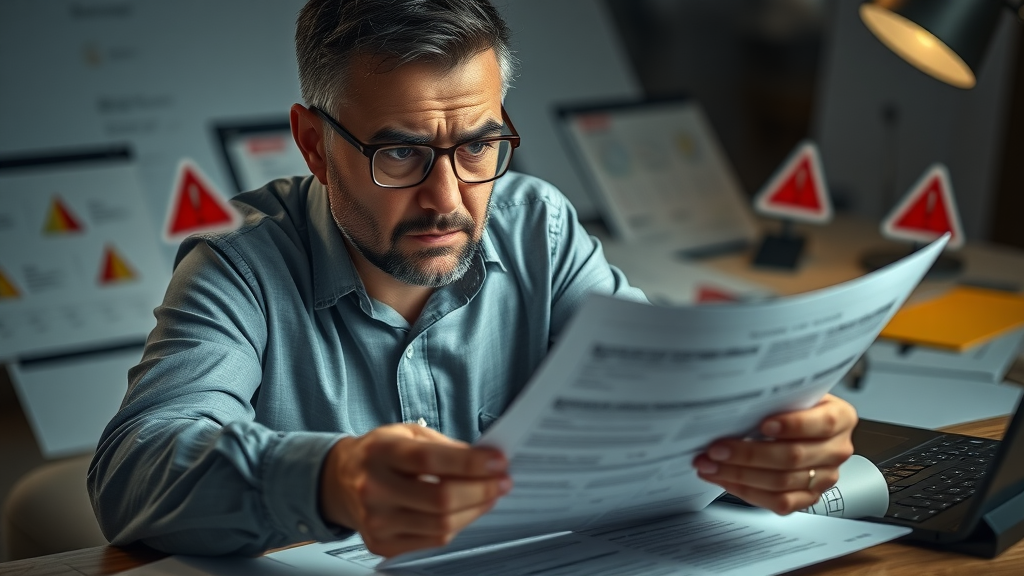 Financial advisor reviewing secured party documents for mistakes, warning symbols