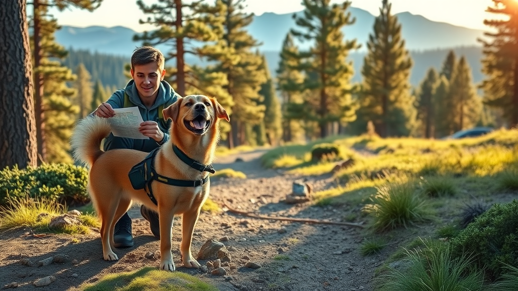 Dog-friendly hikes Central Oregon - trailhead with dog and owner in pine forest with volcanic peaks
