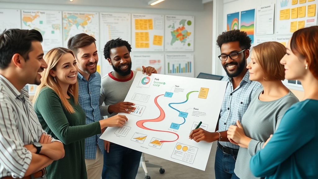 Mapping the customer journey, diverse team draws pathway on wall charts, bright and engaging diagrams