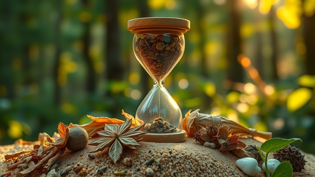 hourglass with dried adaptogenic herbs showing time for natural hormone optimization support