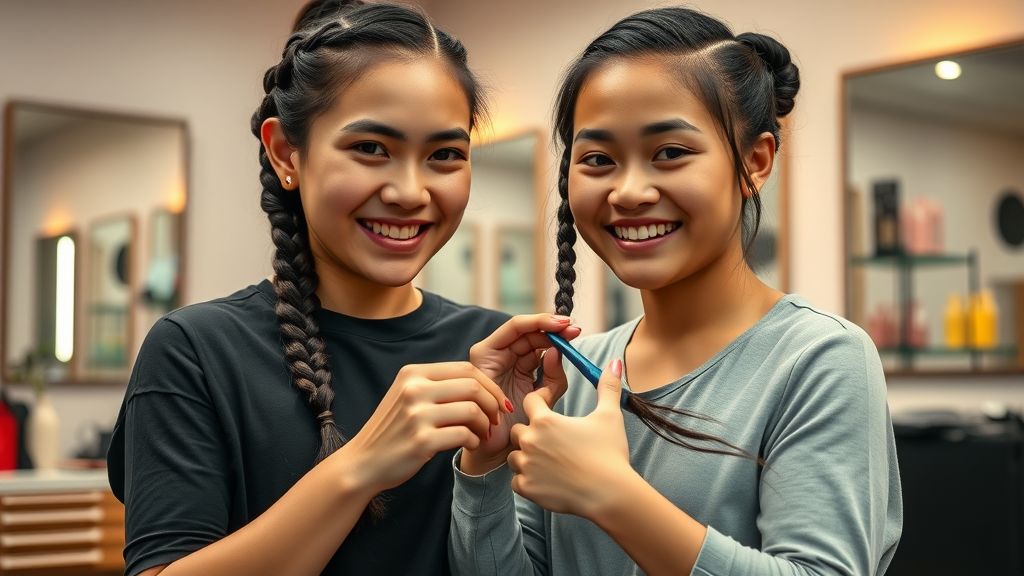 hair braiding in Olongapo - vibrant Filipino hair braiding salon interior, smiling stylist and client, cozy modern setting, colorful braiding tools, lifelike salon atmosphere