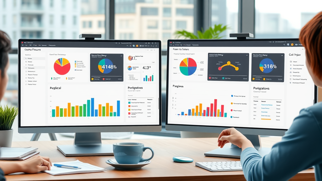 side-by-side dashboards comparing monmouthshiremedia.com first to market versus another platform, modern office, vibrant interfaces, analytical, daylight, shot with a 35mm lens