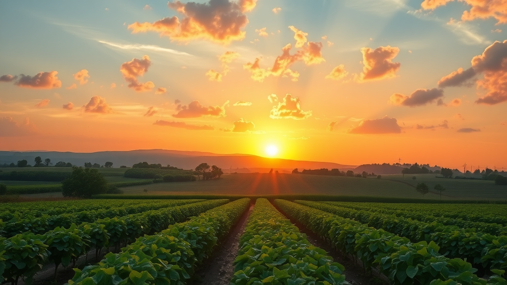 hopeful sunrise over a vibrant regenerative farm filled with thriving crops, wildlife, and families