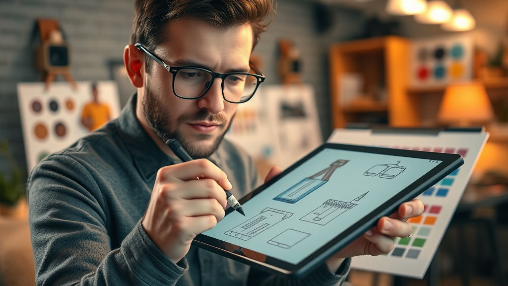 graphic designer sketching a visual identity and branding logo for a small business on digital tablet