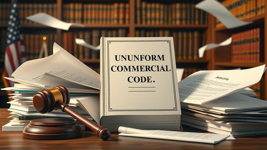 Uniform Commercial Code book and secured party creditor documents with a gavel, united states law