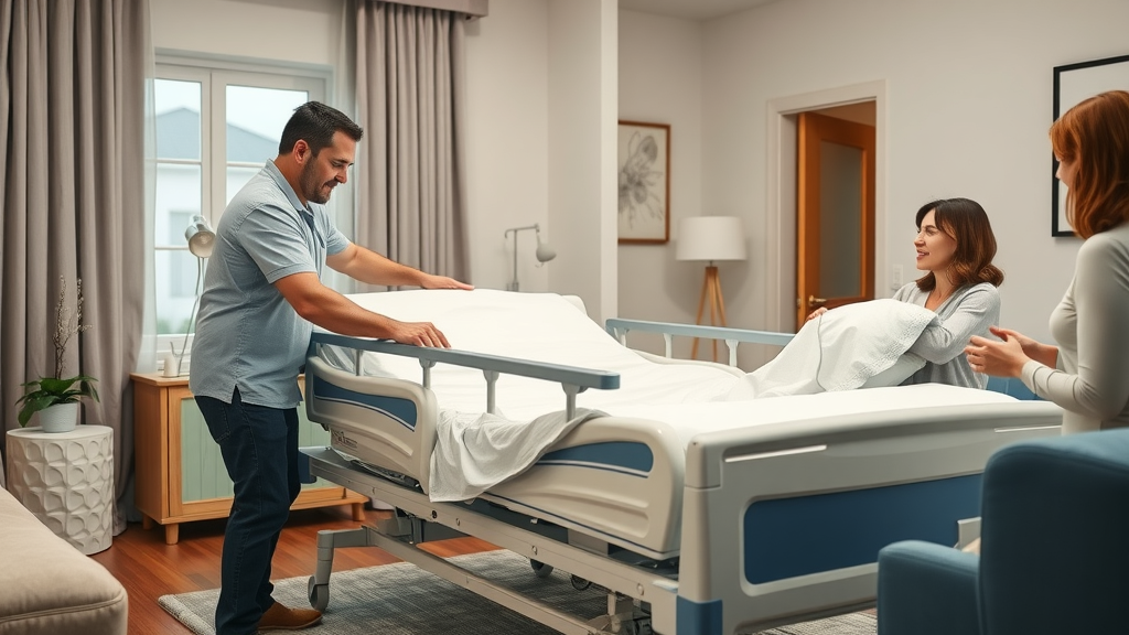Hospital bed rental provider delivering and setting up adjustable electric hospital bed in modern home, family and professional interaction