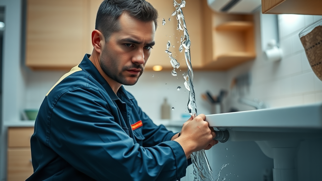 Emergency plumber repairing burst pipe to prevent water damage in kitchen
