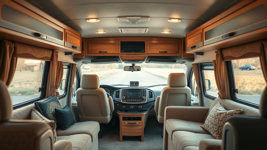 Private RV sales benefits showcased in an inviting, spacious RV dashboard and living area