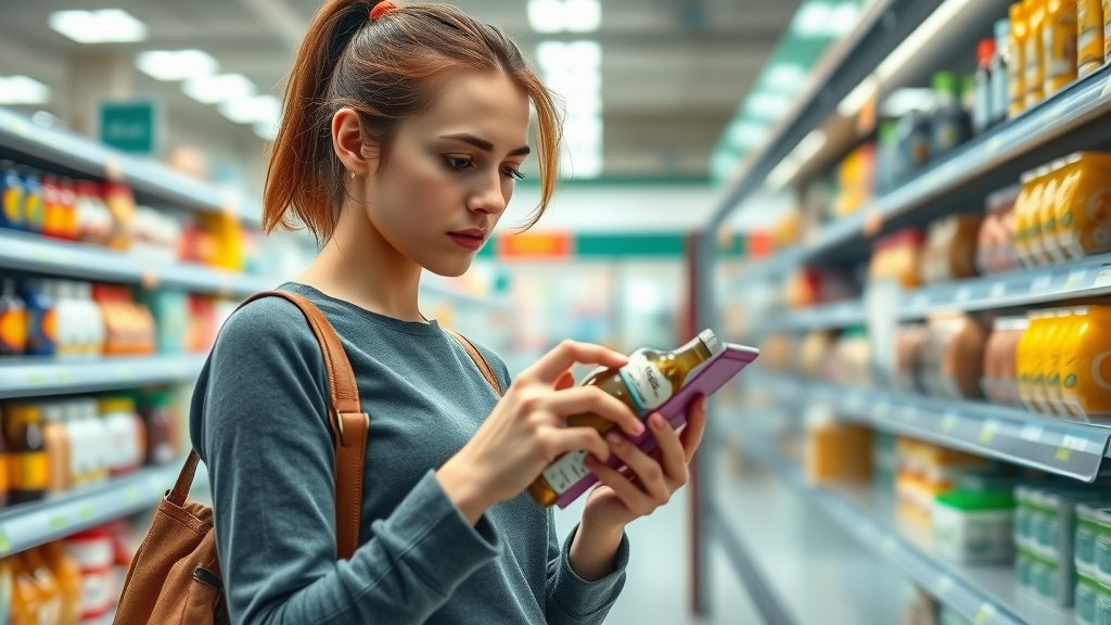 Environmental toxin awareness for hormone regulation - woman reading product label in store