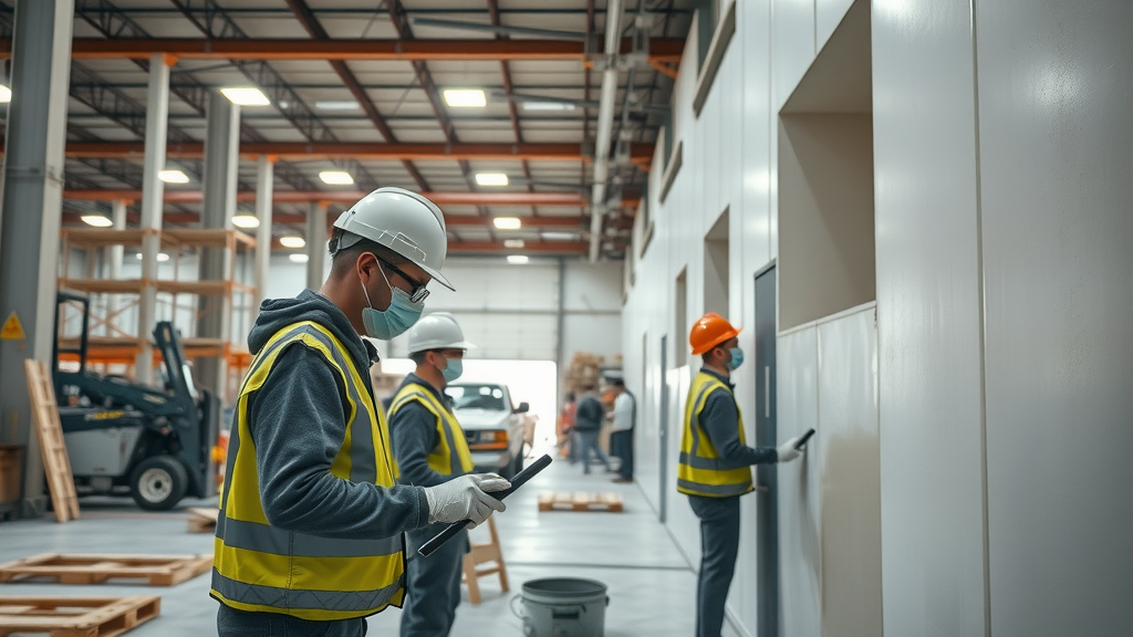 Painting professionals prepping warehouse highlighting commercial painting solutions