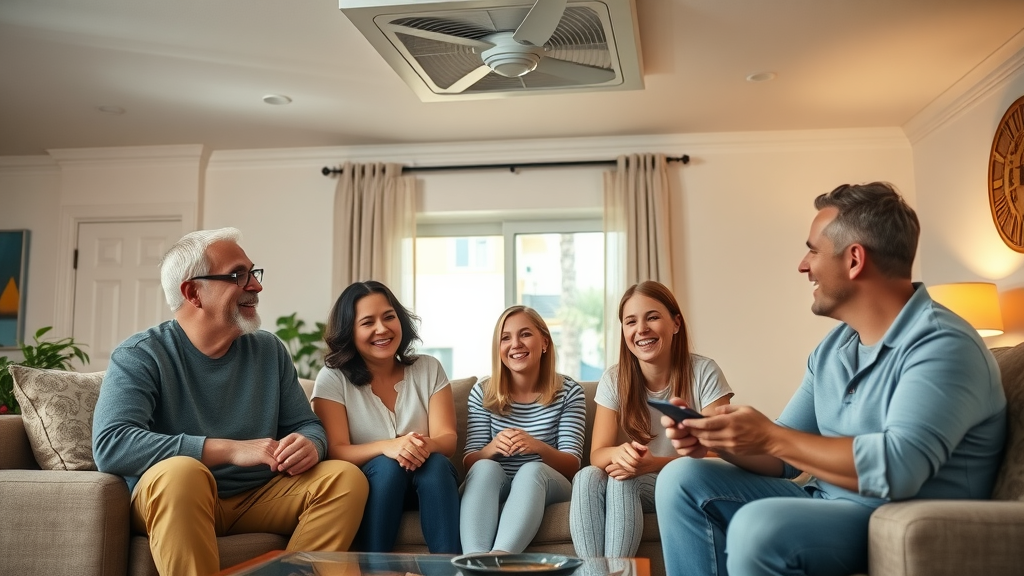 Happy Orange County family enjoying their cool living room after whole house fan installation, visible ceiling fan vent, satisfied smiles