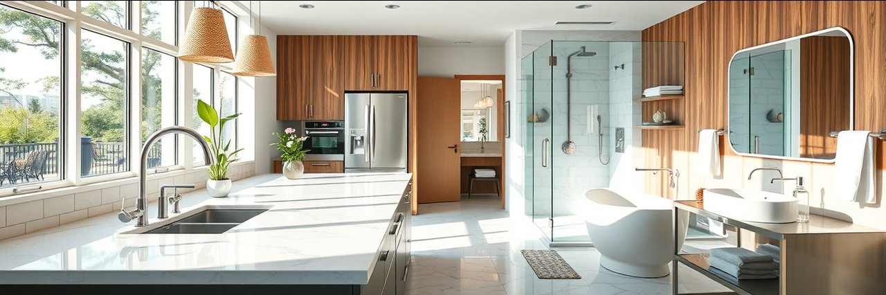 Modern kitchen and bath, natural light, marble counters, fresh inviting home decor