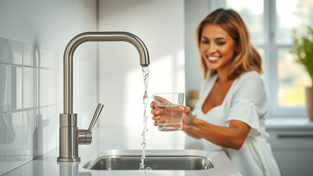 Soft clean water in Ocala, FL home, woman pouring water from kitchen faucet