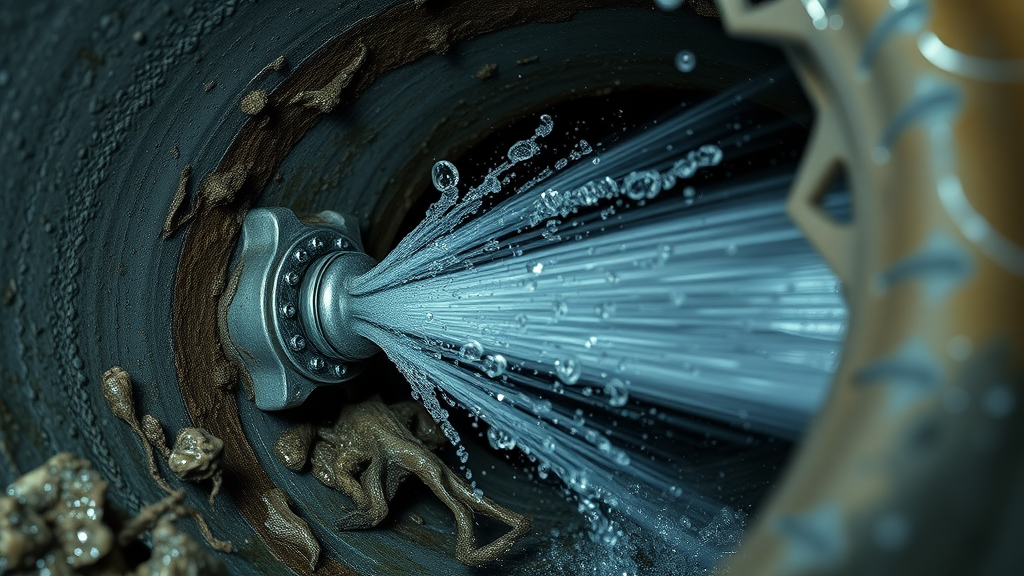 Hydro-jetting benefits shown with water jets clearing thick pipe blockages