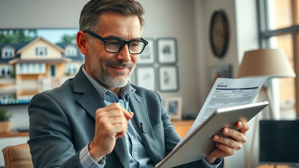 Insurance billed flood damage company adjuster reviewing flood damage insurance coverage paperwork and digital claims in office