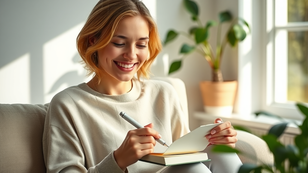 happy woman journaling wellness routine adaptogenic herbs daily life