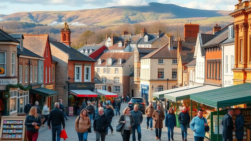 Lively market square in Abergavenny, Monmouthshire, largest town, community engagement