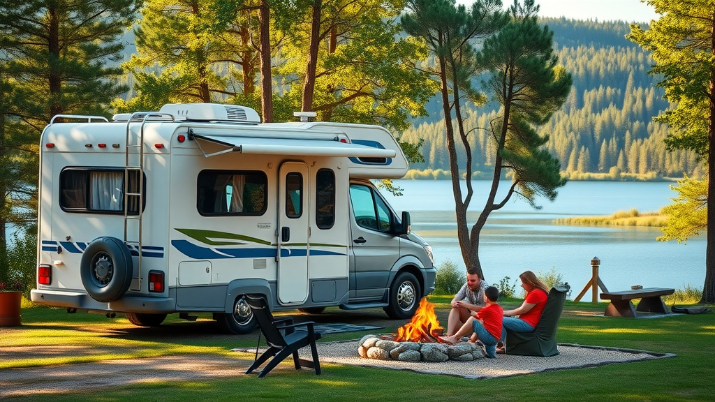 Data-driven RV pricing exemplified by a recreational vehicle parked in a scenic campground with family happiness